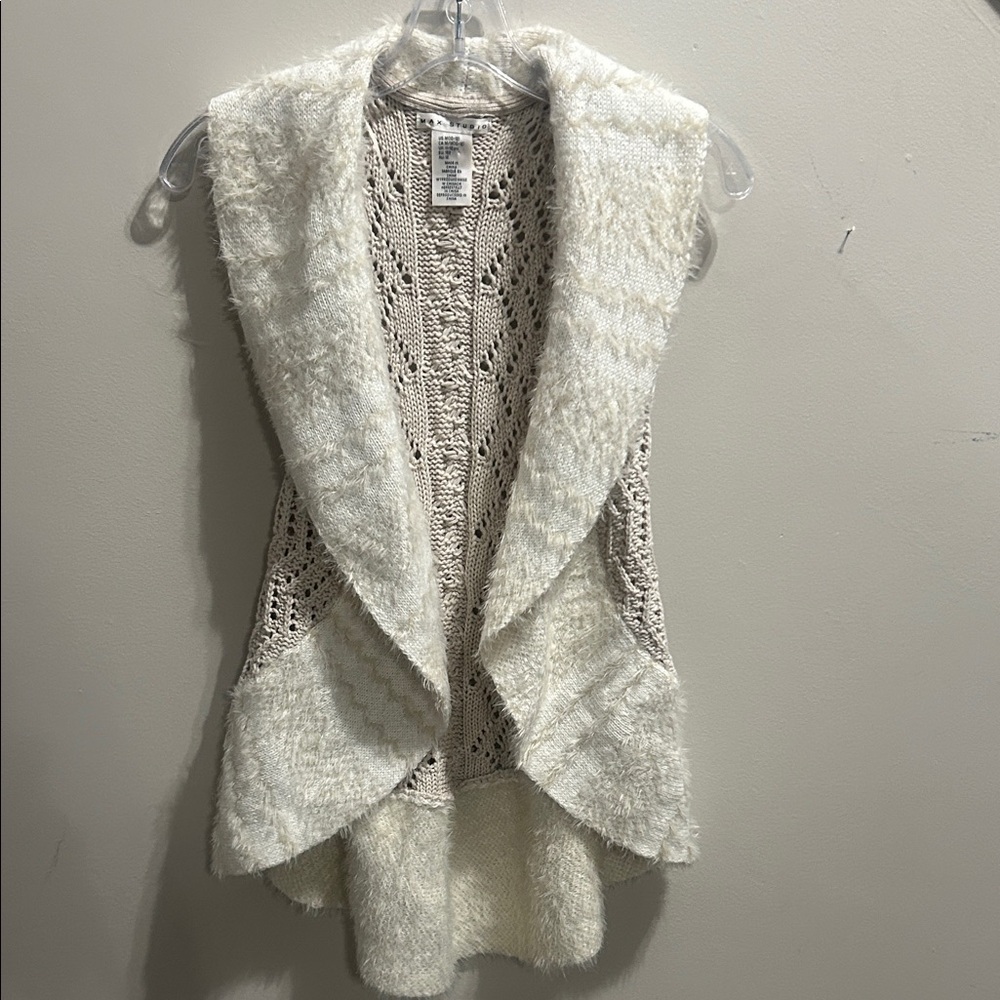 Max Studio open-front knit sweater vest features a cozy fluffy yarn shaw collar